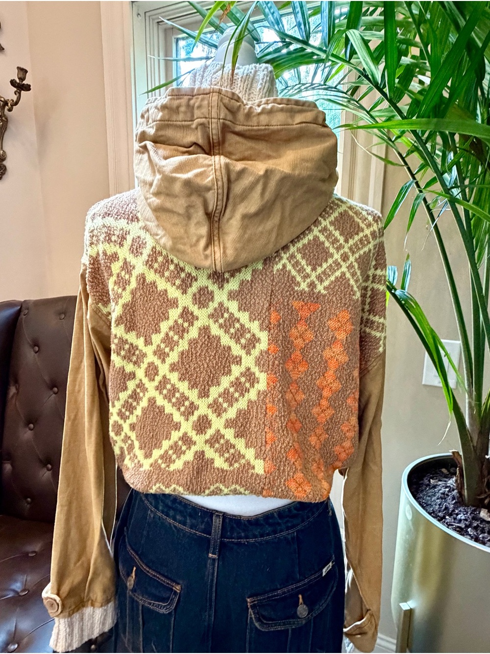 FREE PEOPLE Reno Knit Patchwork Cropped BOHO Jacket Coat Utility Aztec Brown Sm - Picture 8 of 16